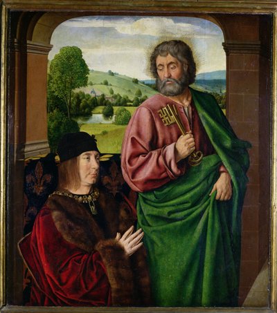 Peter II (1439-1503) Duke of Bourbon presented by St. Peter, left hand wing of a triptych, c.1492-93 by Master of Moulins